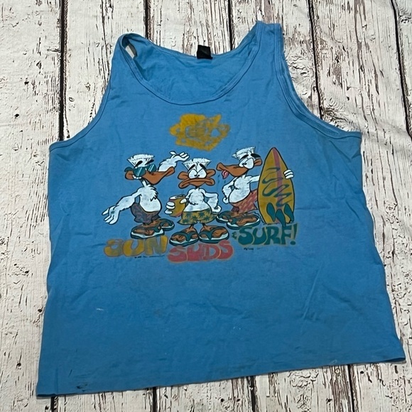 Vintage Sun Suds and Surf Duck Cartoon Surfing 1980s Tee Tank Top Shirt - Picture 2 of 9